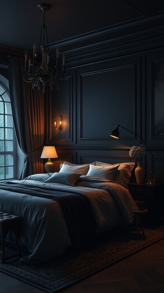 A dark and moody bedroom with elegant decor, featuring rich blue walls, a chandelier, and warm lighting.