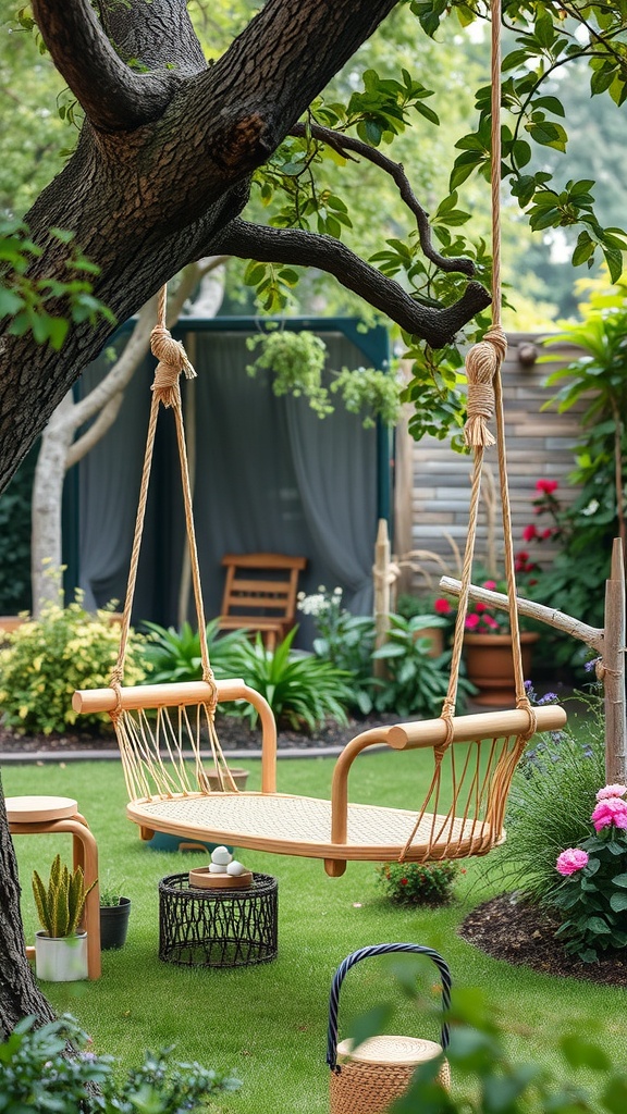 A rope and wood swing hanging from a tree in a lush garden setting.