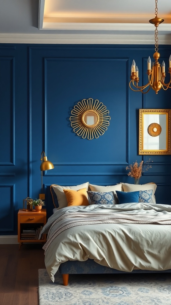 Cozy bedroom featuring a royal blue accent wall, gold chandelier, and soft bedding.