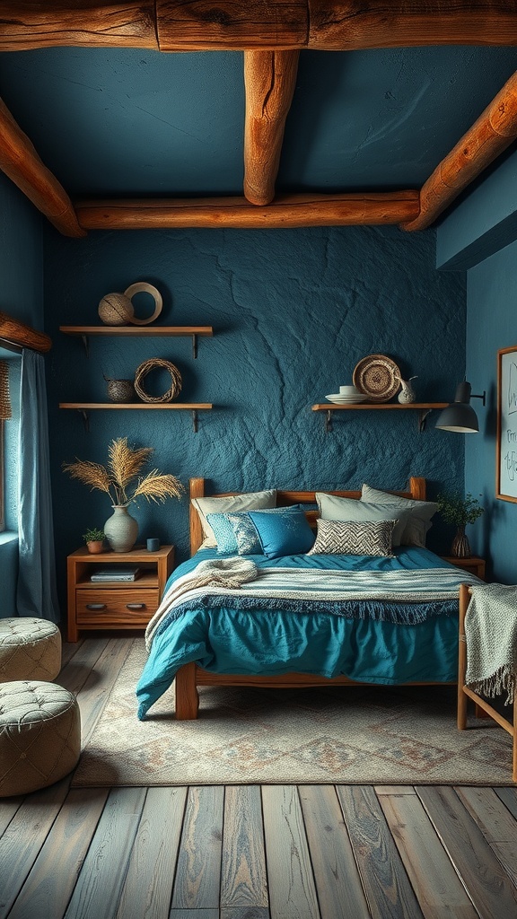 A cozy blue bedroom featuring rustic wooden beams, layered bedding with various textures, and earthy decorative elements.