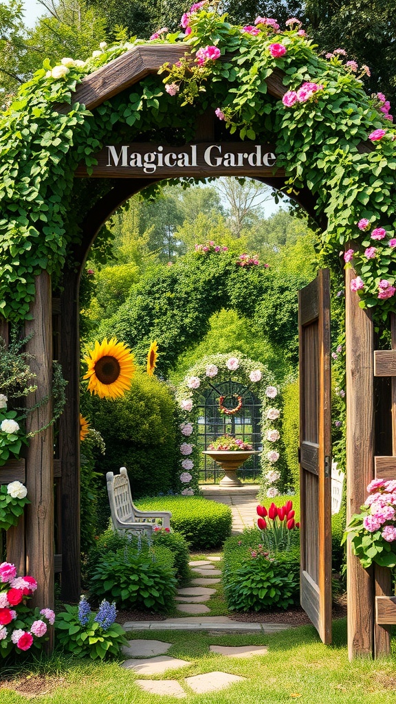 A rustic wooden arbor entrance adorned with flowers, leading into a lush garden filled with colorful plants and a 'Magical Garden' sign.