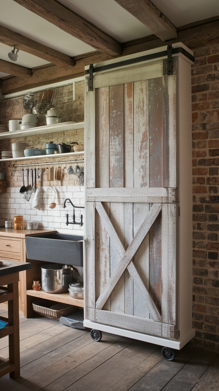 A rustic barn door cabinet with a weathered wood finish in a cozy kitchen setting.
