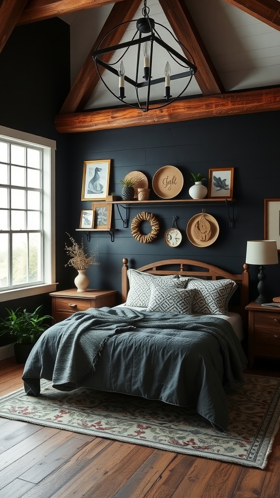 A rustic bedroom featuring a black accent wall, wooden furniture, and decorative elements in cream.