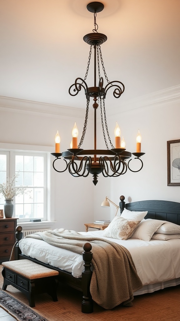 A rustic black chandelier with candle-like bulbs hanging in a cozy black and cream bedroom.