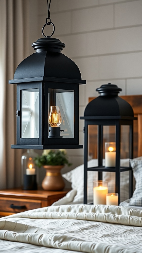 A cozy bedroom featuring rustic black lanterns and candles.