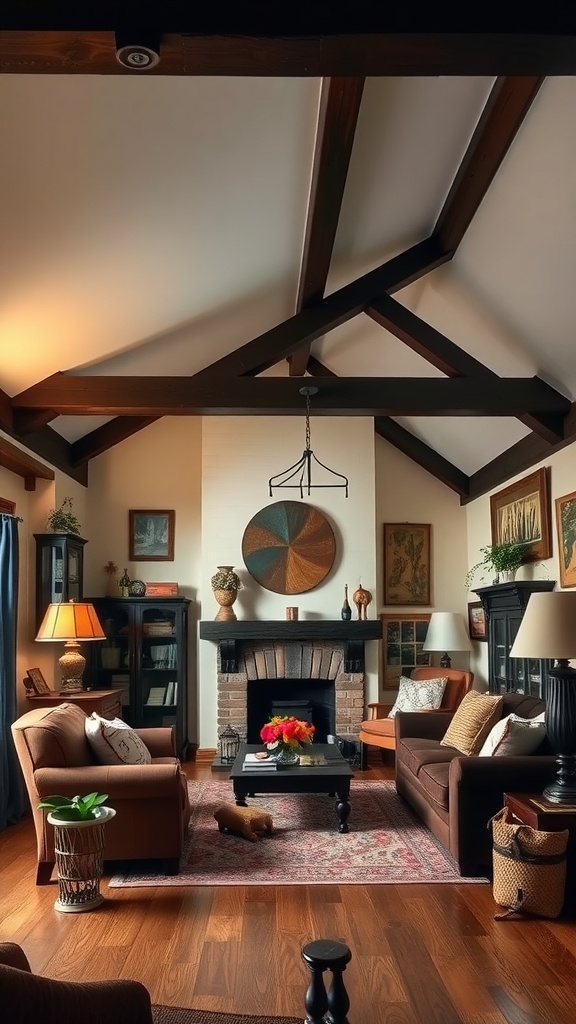 A cozy living room featuring rustic black wood beams, comfortable seating, and warm decor.