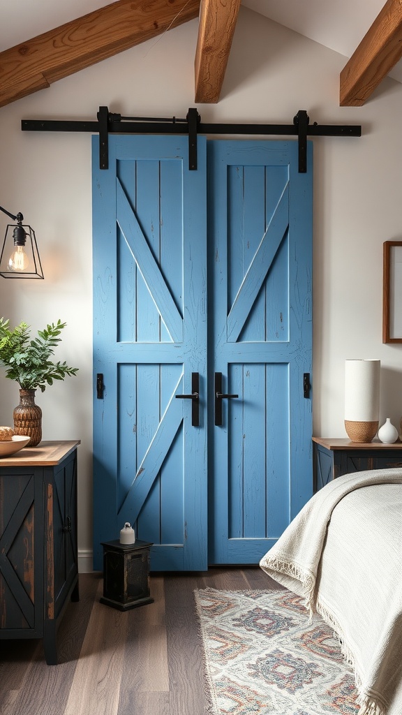 A tranquil bedroom featuring a rustic blue barn door, natural wood beams, and cozy decor.