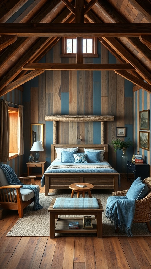 A rustic blue barn-style bedroom featuring wooden beams, a blue accent wall, and cozy furniture.