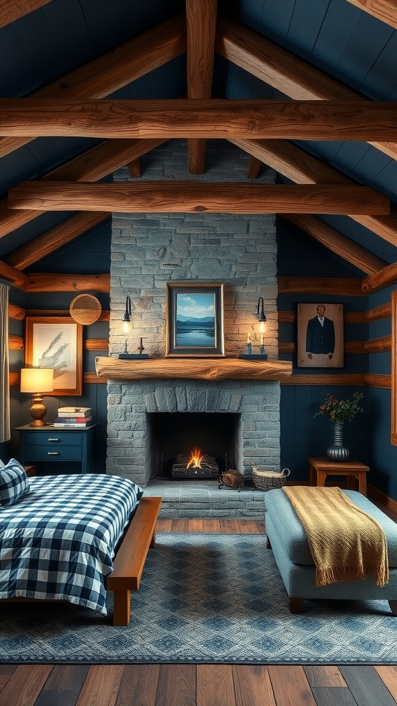 A cozy rustic blue cabin bedroom with wooden beams, a stone fireplace, and a checkered bedspread.