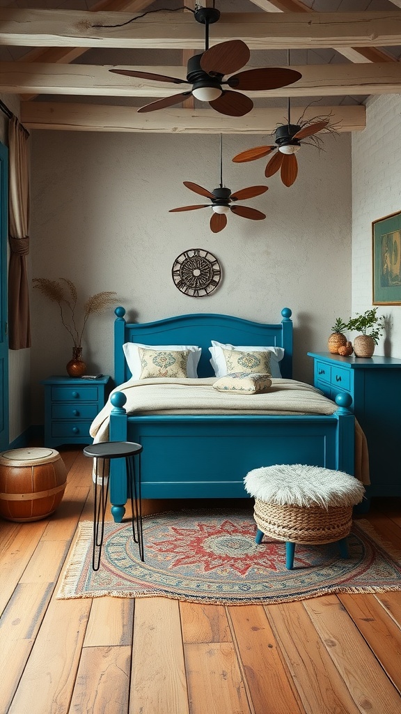 A rustic blue boho bedroom featuring a blue bed, nightstand, woven stool, and patterned rug