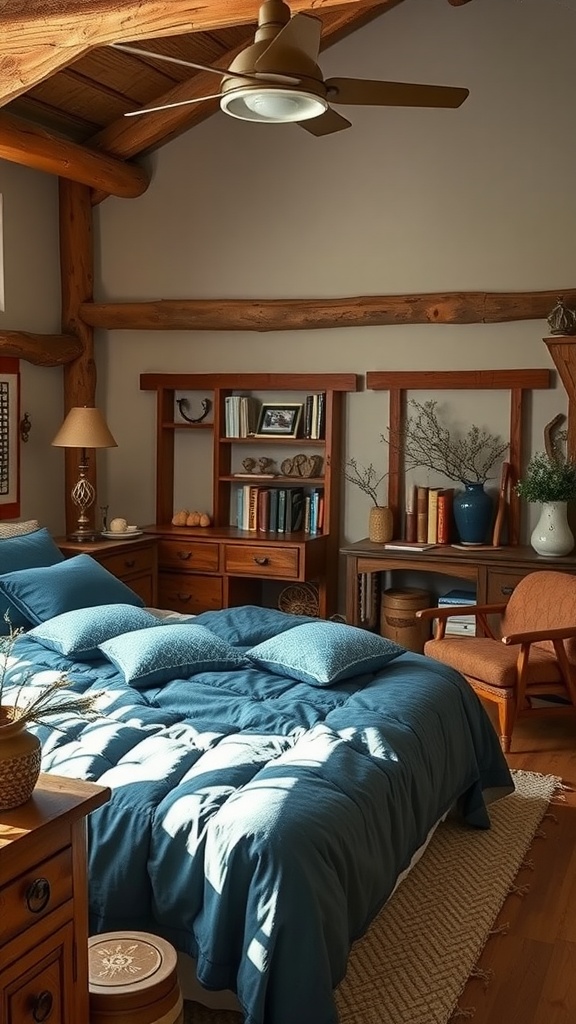 A rustic blue bedroom featuring natural wood elements with a cozy bed, wooden furniture, and warm lighting.