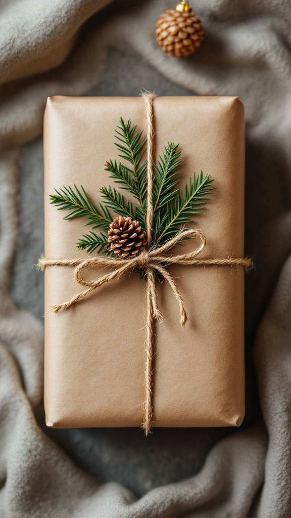 A beautifully wrapped gift in rustic brown paper, tied with twine and adorned with greenery.