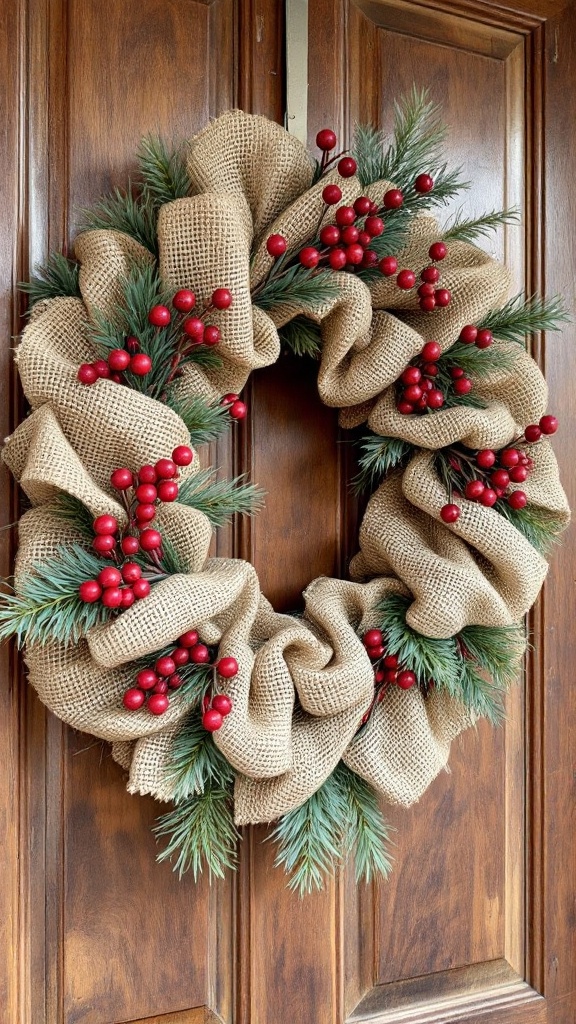 A rustic burlap wreath adorned with red berries and green foliage, hanging on a wooden door.