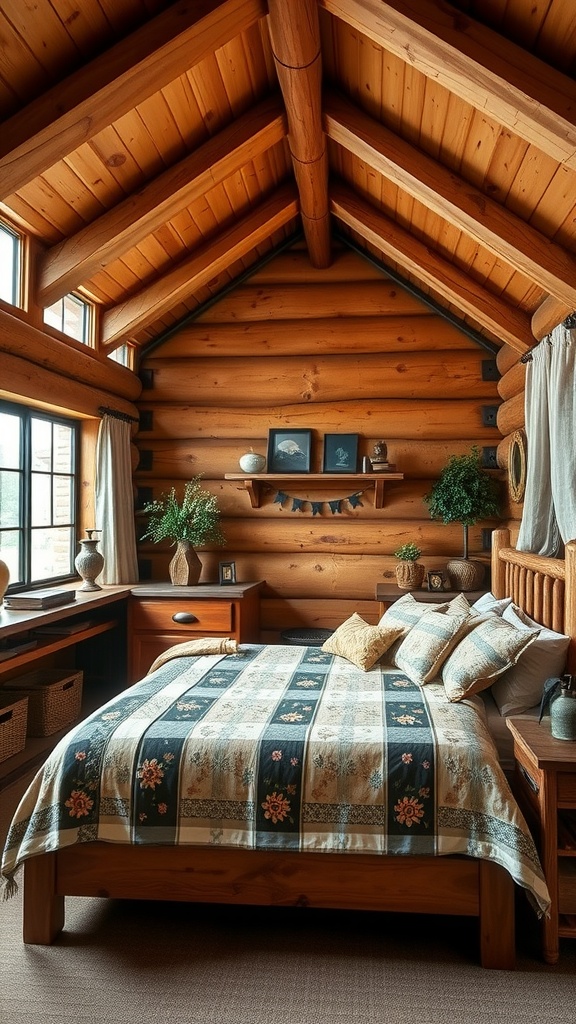 A cozy rustic cabin bedroom with wooden walls, a quilted bed, and natural decor.