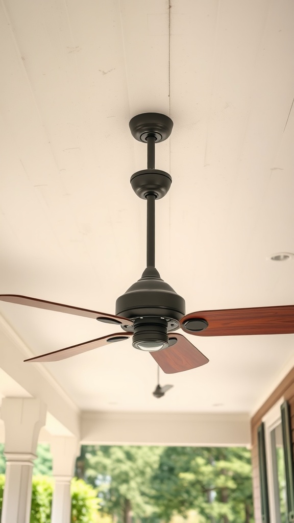 A rustic ceiling fan with wooden blades hanging from a porch ceiling, enhancing the farmhouse aesthetic.