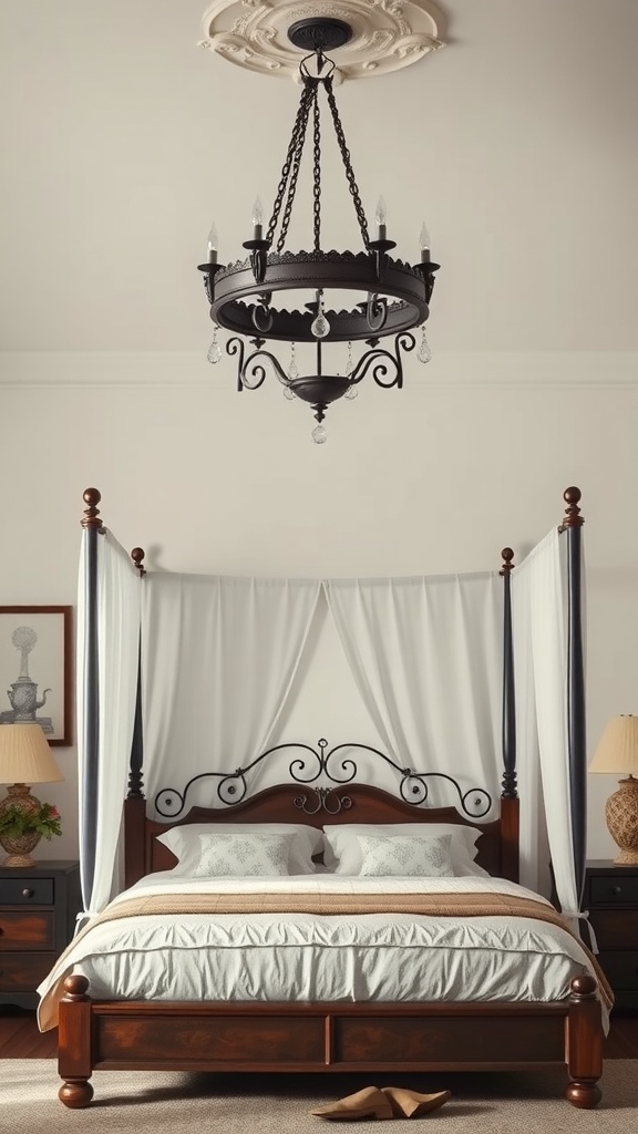 A rustic chandelier hanging above a cozy canopy bed in a serene boho bedroom