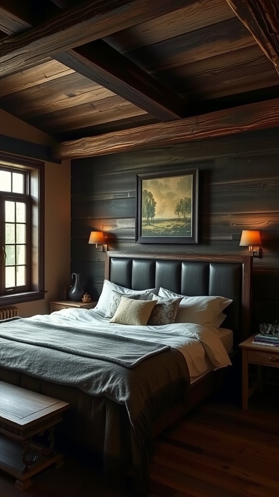 Cozy bedroom featuring dark wood frames, a patterned blanket, and warm lighting