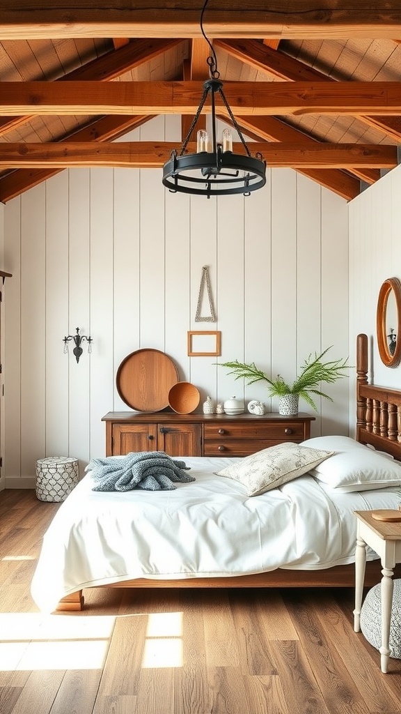 A cozy farmhouse bedroom featuring exposed wood beams, a wooden bed, and natural decor elements.