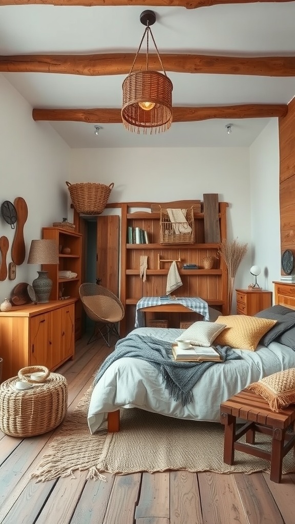 A rustic bedroom featuring wooden beams, woven textiles, and natural decor elements.