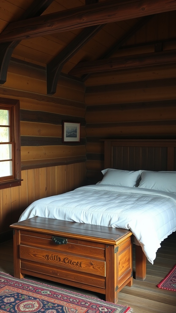 A rustic chest of drawers in a cozy cabin bedroom.