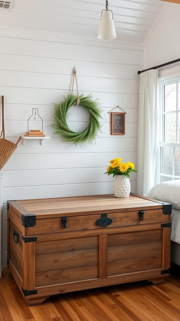 A rustic wooden chest with a flower vase on top in a farmhouse chic bedroom.