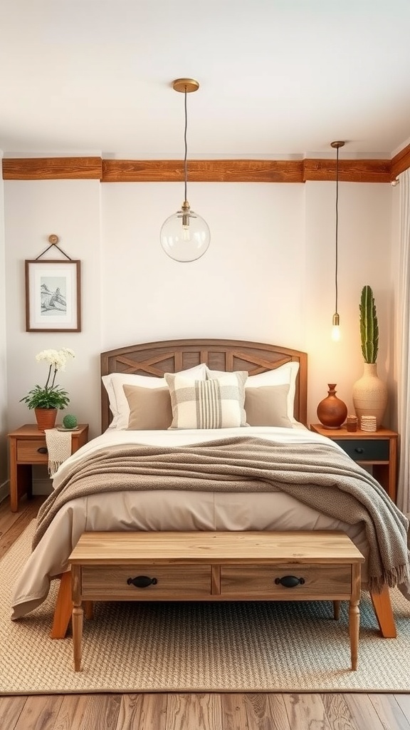 Cozy modern farmhouse bedroom with rustic color scheme, featuring wooden furniture and soft beige bedding.