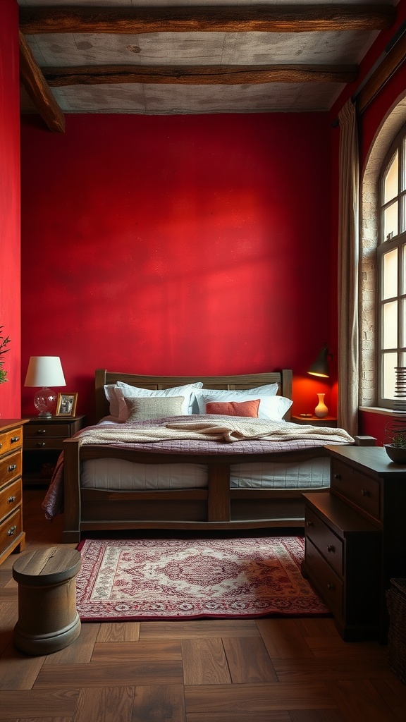A cozy bedroom featuring a deep red accent wall, wooden furniture, and rustic decor elements.