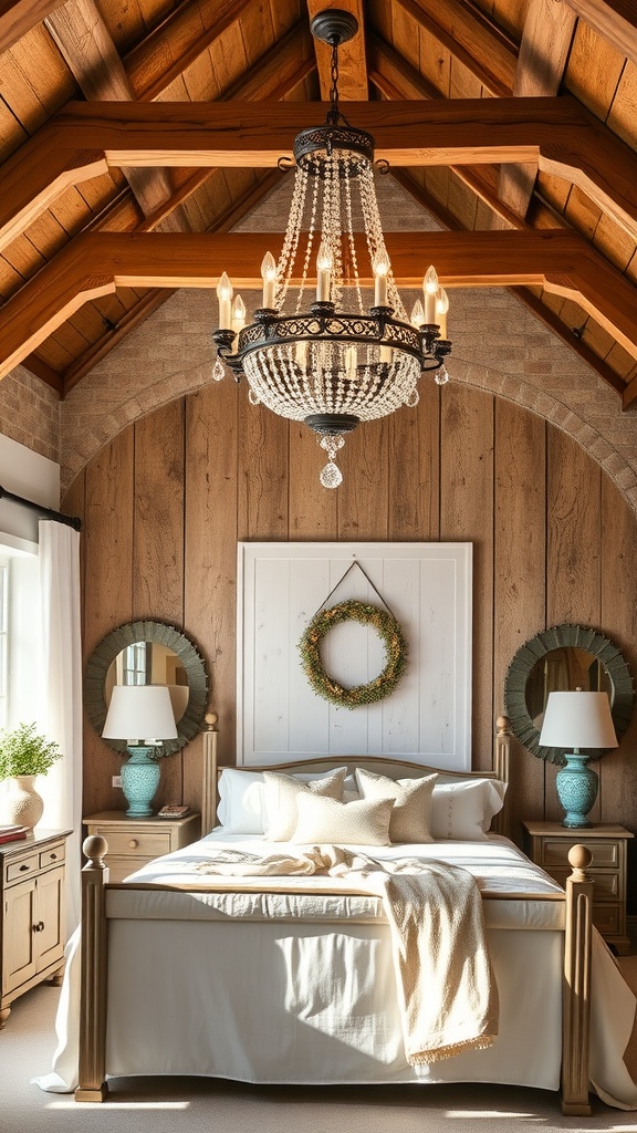 A rustic bedroom featuring a chandelier, wooden beams, and cozy decor
