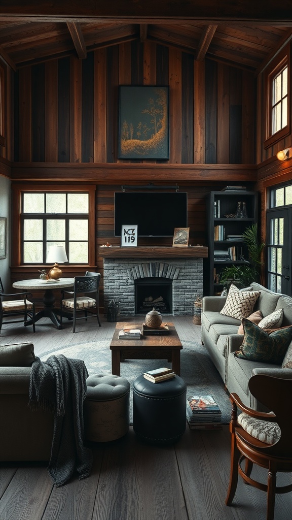 A cozy dark boho living room with rustic wooden accents and comfortable furniture.