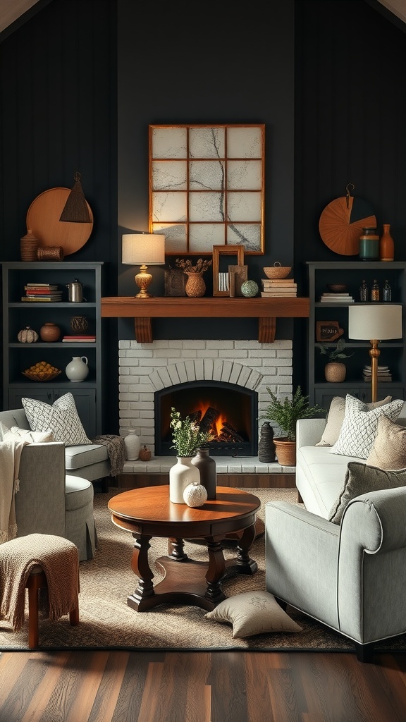 A rustic farmhouse living room with dark walls, a cozy fireplace, and wooden decor accents.