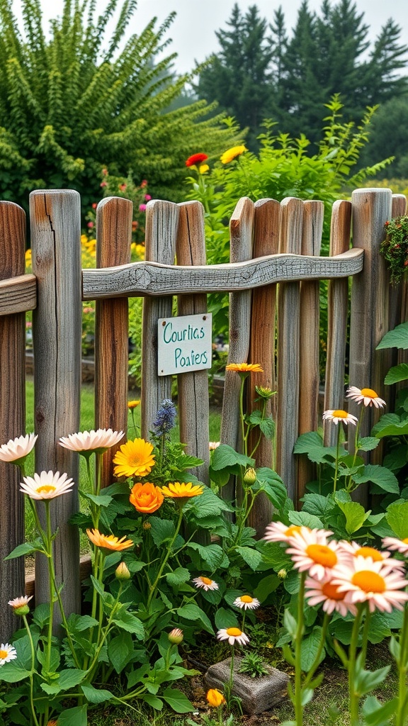 A rustic wooden fence with colorful flowers in a farmhouse garden