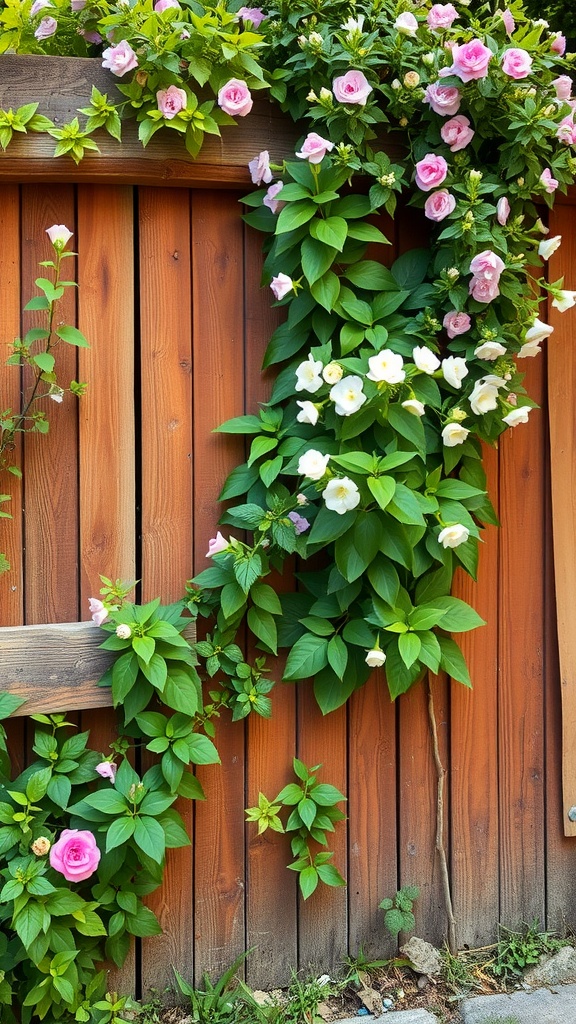 A rustic wooden fence adorned with climbing pink and white flowers, enhancing a small garden's charm.