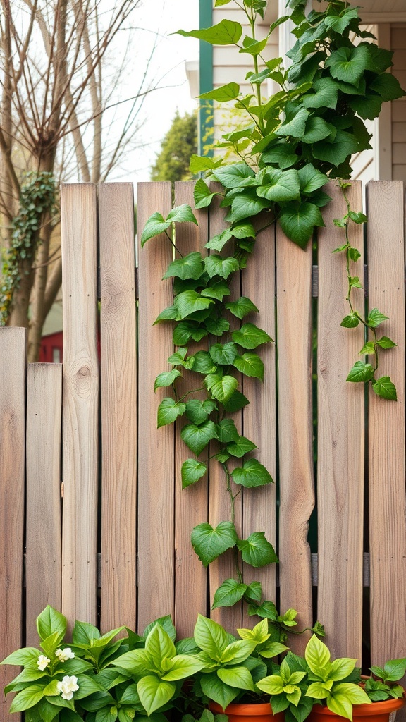 Rustic wooden fence with climbing green vines and potted plants at the base.