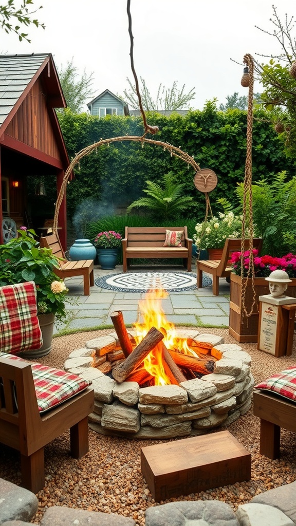 A rustic fire pit surrounded by wooden chairs with plaid cushions in a cozy garden setting.