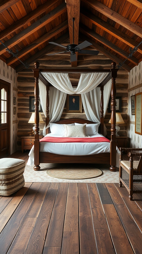 A serene boho bedroom featuring a canopy bed, rustic wooden flooring, and warm décor.