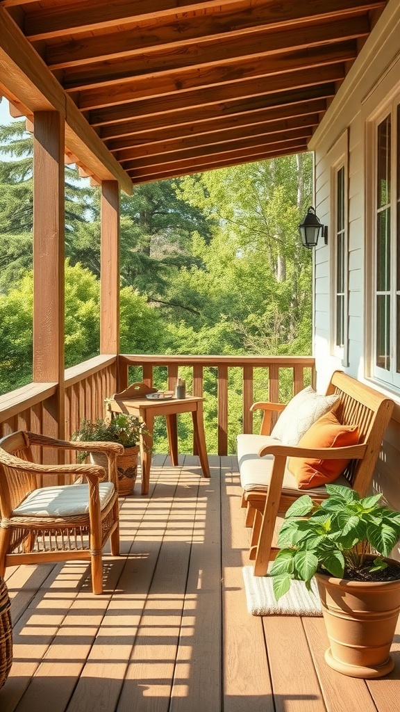 Cozy farmhouse balcony with rustic furniture and lush greenery