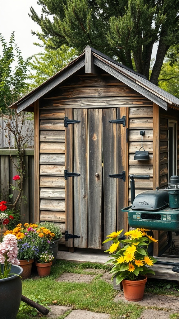 A rustic garden shed made of weathered wood, surrounded by colorful flower pots, with a bell hanging by the door.
