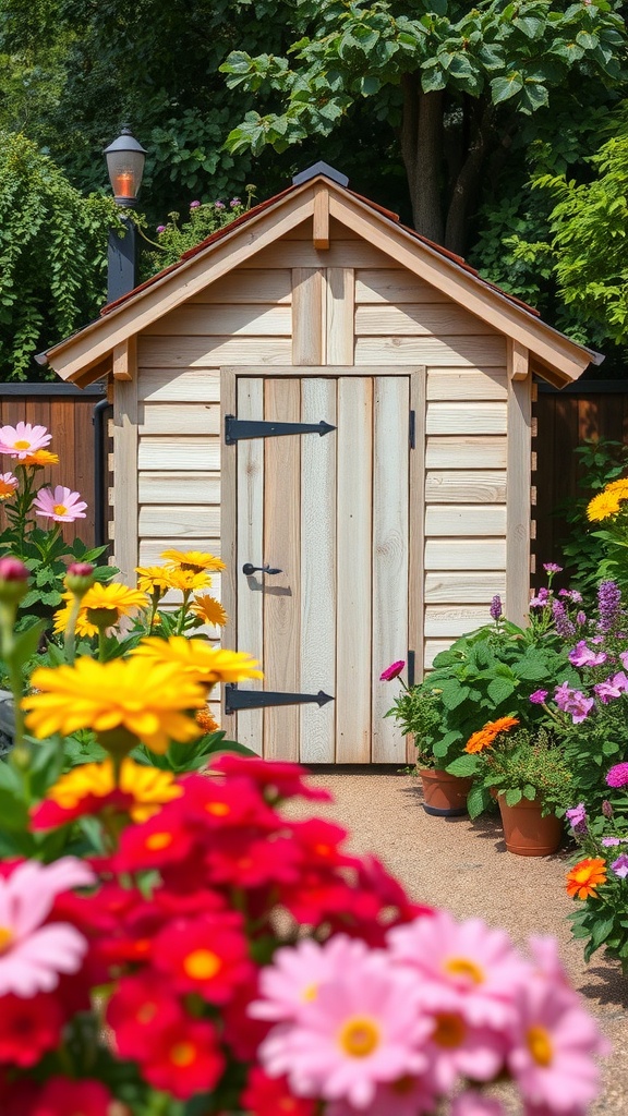 A rustic wooden garden shed surrounded by colorful flowers
