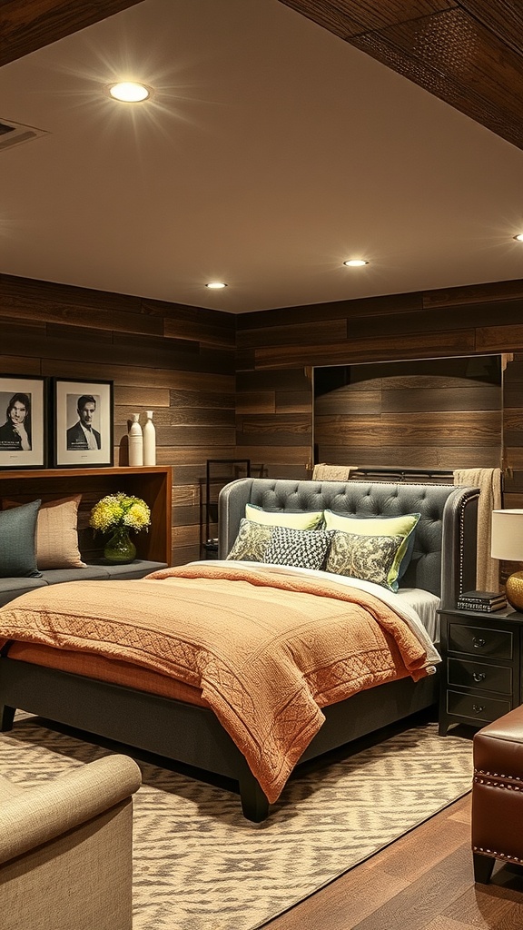 A cozy farmhouse basement bedroom featuring wooden walls, a dark upholstered bed with orange bedding, and metallic accents.