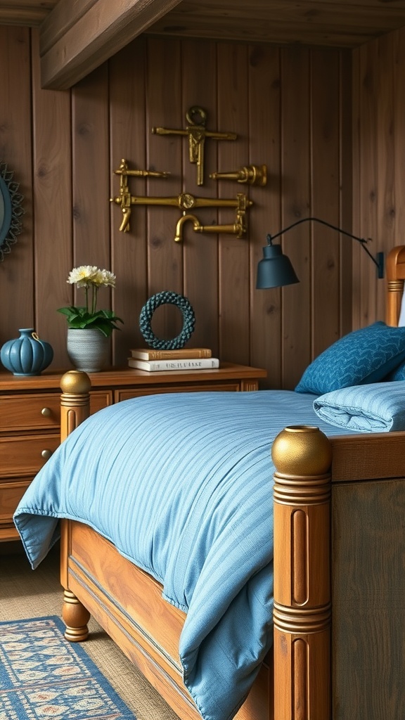 Cozy bedroom featuring rustic gold hardware accents with blue bedding and wooden walls