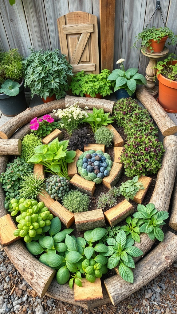 A rustic herb spiral garden featuring various herbs and plants arranged in a spiral with wooden logs.