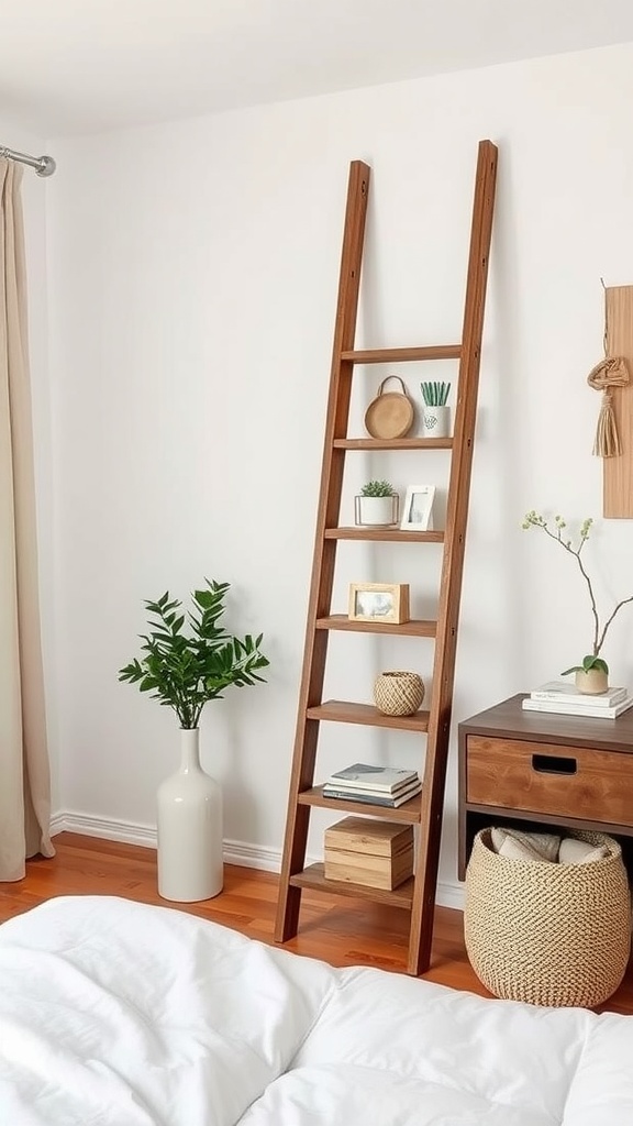 A wooden rustic ladder with decorative items in a stylish bedroom