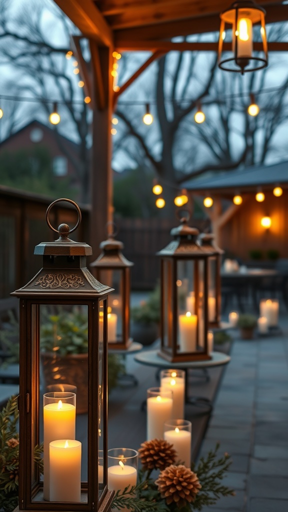 Rustic lanterns and candles on a patio creating a warm atmosphere