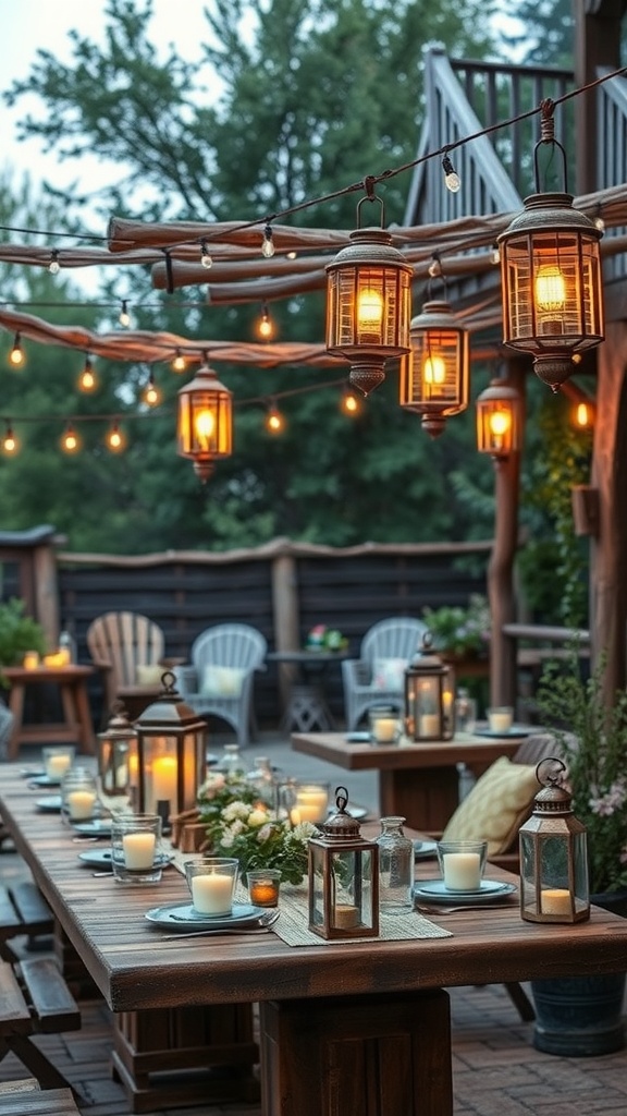 A cozy outdoor dining setup featuring rustic lanterns hanging with string lights, surrounded by tables, flowers, and candles.