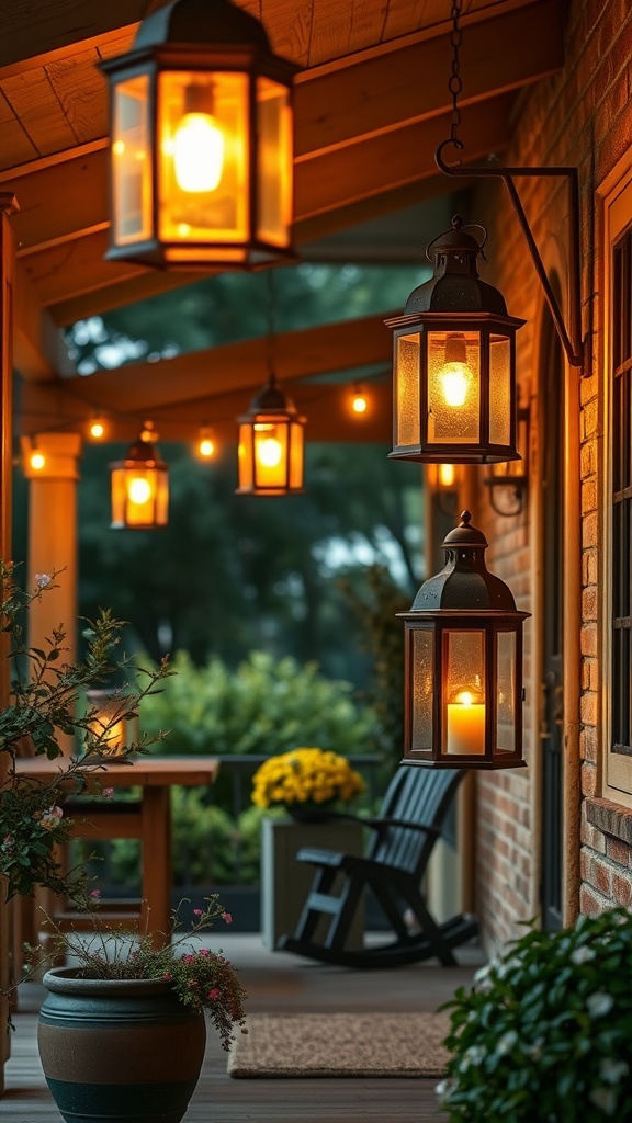 Rustic lanterns hanging on a porch, providing soft lighting with potted plants and a rocking chair in the background.
