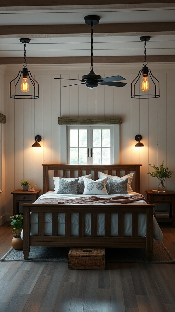 A rustic bedroom with wooden furniture and industrial-style light fixtures hanging from the ceiling.