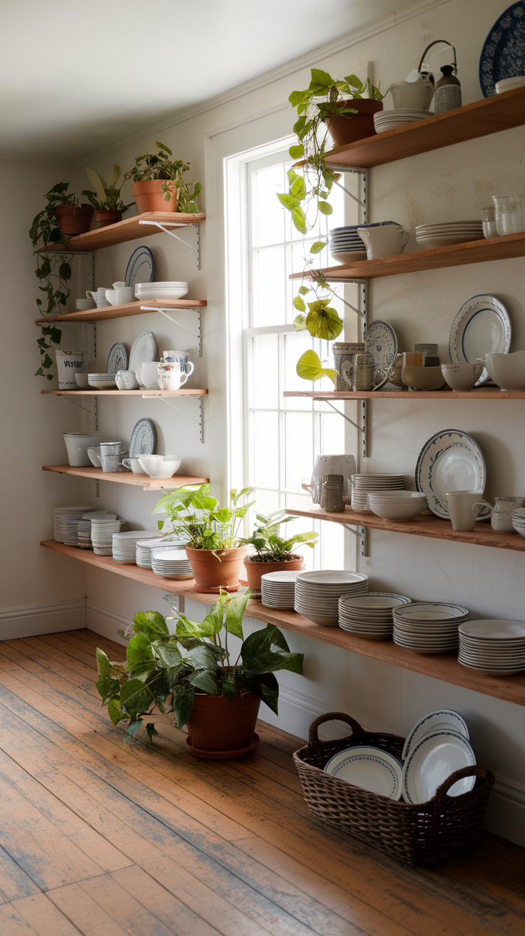A rustic kitchen with open wooden shelves displaying dishes and plants.