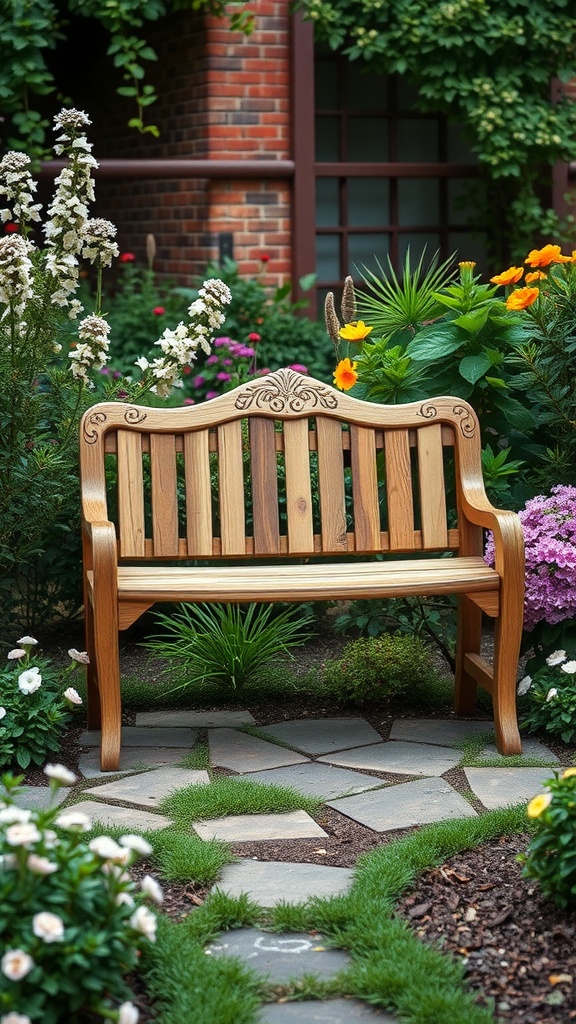 A wooden bench surrounded by colorful flowers in a garden setting