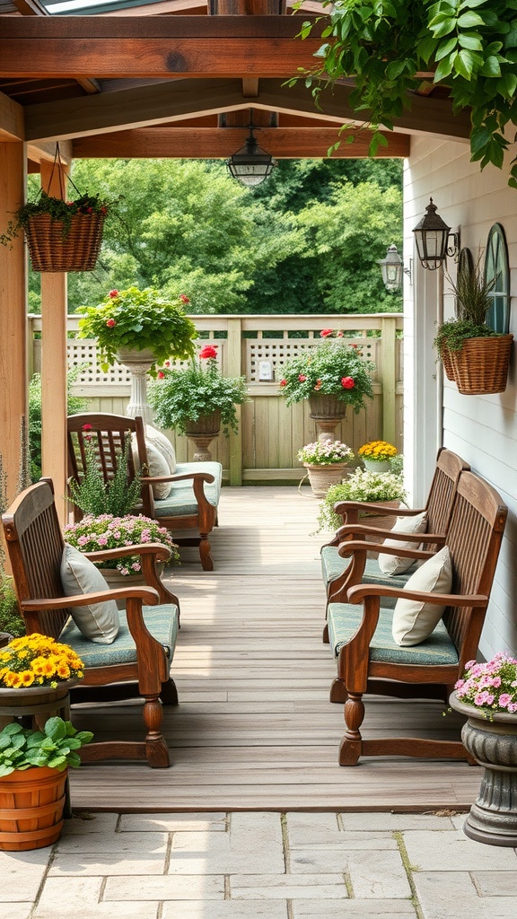 A rustic outdoor seating area with wooden chairs and colorful flower pots.