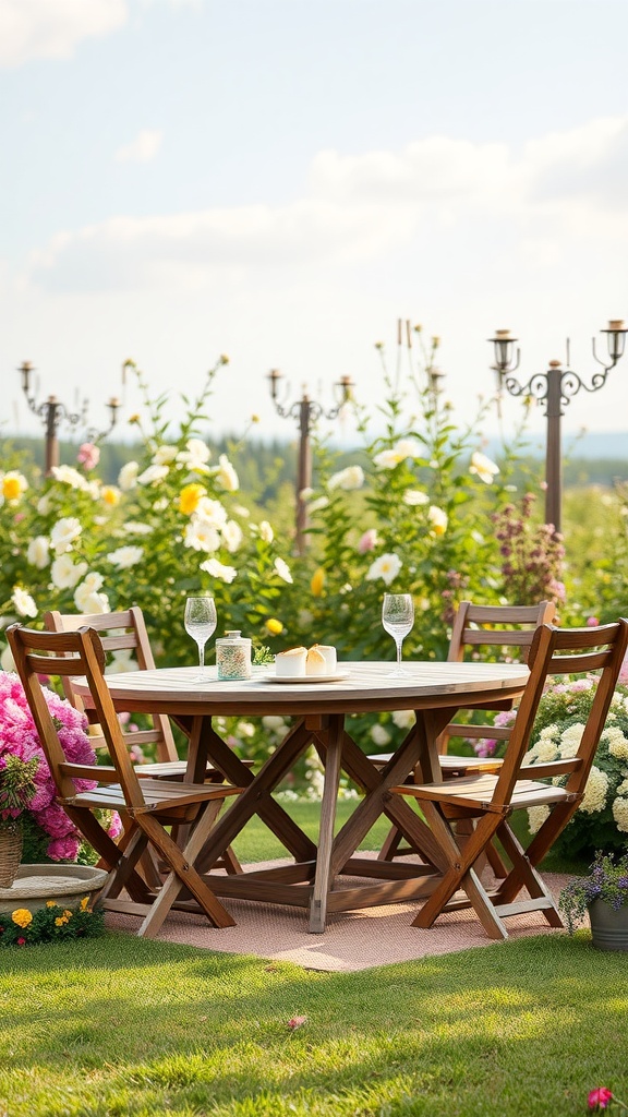 A rustic picnic area with a wooden table and chairs, surrounded by colorful flowers in a garden.
